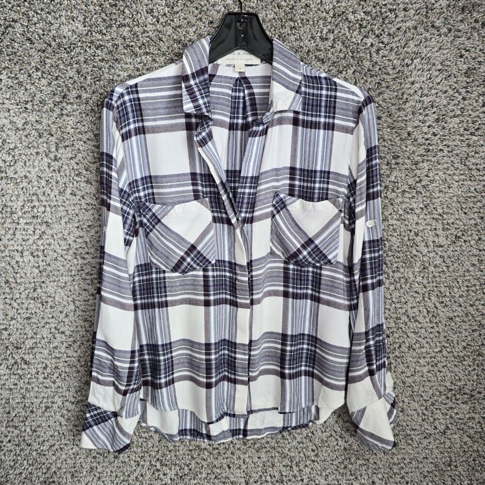 Cloth & Stone Top Womens Small Purple Plaid Button Up Rayon Collared High Low